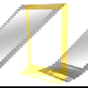 Large Wall Mirror in the style of Karl Springer: Stunning wall mirror with a built in shelf in the style of Karl Springer.Lacquered finish.Measurements:49 inches high x 33 inches wide x 12 inches deep.All items are sold as is. The auction house does