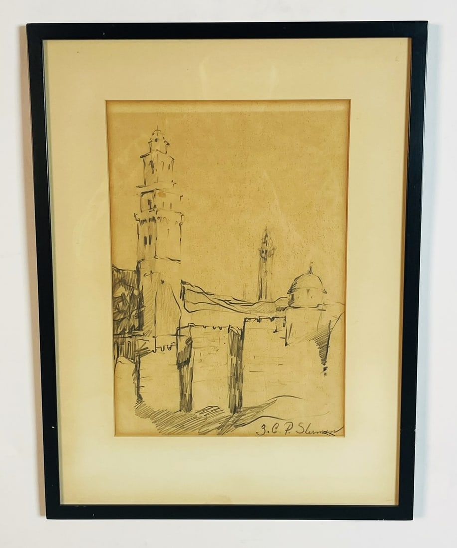 Castle Drawing on Pencil by Los Angeles Artist Z. Charlotte Sherman: Vintage drawing on pencil depicting a castle by Los Angeles artist Z. Charlotte Sherman. The piece is signed by the artist. Measurements: 16.75 inches high x 12.75 inches wide x .50 inch projection fr