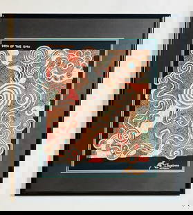 Australian Aboriginal Art Titled "Path of the Emu" Churinga Australia: Unique aboriginal art from Australia. The piece is done in fabric and it comes framed. Measurements: 25 inches high x 22 inches wide x 1 inch deep/ projection from the wall. All items are sold as