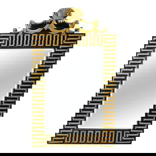 Monumental Neoclassical Style Mirror with Greek Key and Shell Crest in Black and Gold: Striking neoclassical-style wall mirror featuring an architectural black and gold Greek key border and an ornate crest with a classical shell and draped ribbon motif. The bold contrast of gilt