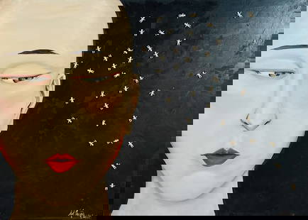 Large Paiting by Sol Aquino titled -Bold-Headed Babies- Signed & Dated 1985: Large oil on Linen by listed artist Sol Aquino. The piece is signed dated and titled -Bald-Headed Babies- The piece retains a label from Area X Gallery. Measurements: 52.50 inches wide x 42 inches