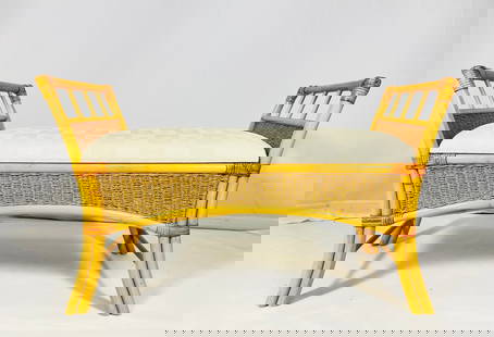 Vintage Rattan Bench: Vintage rattan bench that is perfect to go at the bottom of the bed, a window or anywhere in the house. Unmarked. Measurements: 41 inches wide x 17.50 inches deep x 24.50 inches, total height x 18