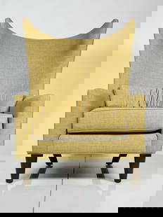 Midcentury Modern Style Wingback Chair made in the USA by Thrive Furniture: Midcentury modern style wingback chair made in Los Angeles by Thrive Furniture. The Piece has beautiful lines and is well made. Measurements: 47 inches high x 34 inches wide x 38.25 inches deep x