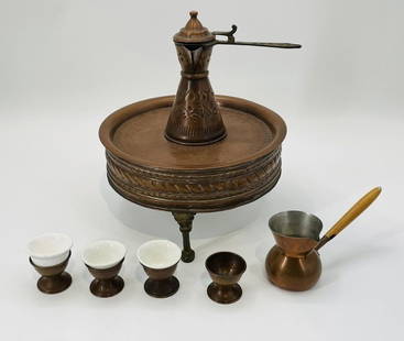 Coffee & Cake Service Set by Joseph Ben Ari, Israel 1950's: Vintage Metal Coffee Dish handmade brass with porcelain cups made by Joseph Ben Ari in south of Israel 1950's.Vintage Metal Coffee Dish consists of the upper level of a coffee jar and 4 cup holders an