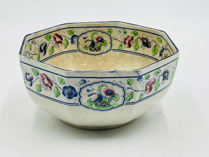 Large Octagonal Bowl by Corona Ware Hancock & Sons Old Woodstock: Antique Corona Ware Bowl. Stamped to the underside. Measurements: 8.50 inches wide x 8.75 inches deep x 4.25 inches high. All items are sold as is. The auction house does not warrant authenticity