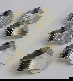 Set of 6 Silver-Plated Napkin Rings, Made in Hong Kong: Set of 6 silver plated napkin rings designed and manufactured in Hong Kong. The pieces have beautiful lines and are ready to be used, all labeled. Measurements; 2.50 inches wide x 2.75 inches deep