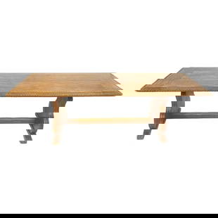 Large Mission Style Dining Table in Solid Wood: Stunning dining table made in solid wood with hand carved details. Very unique piece of furniture dating from the 1940's or earlier. Unmarked. The table is shown with the set of six chairs listed in t