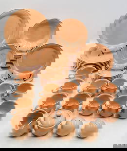 50 Piece Dinnerware, Creamer, Sugar Pot, Salt & Pepper Shakers by Nancy Calhoun, Japan: Vintage Nancy Calhoun Light Peach Ceramic Dishware Dinnerware manufactured in Japan. The set consist of 9 dining plates, 5 salad plates, 11 soup bowls, 10 saucer plates, 11 coffee/tea cups, 1