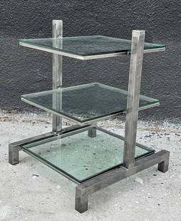 Industrial Style Table/Magazine Holder or Display With Three Glass Shelves: Industrial style three tier shelf that can be used as a side table, display or a magazine holder. The piece was hand crafted in solid steel with an industrial finish, the shelves have a 3/8 glass shel