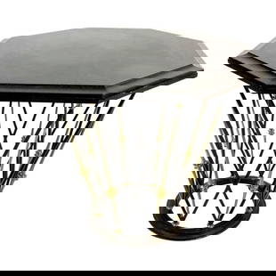 French Center Table in Brass & Wrought Iron with Octagonal Slate Top: Stunningly beautiful center table made in France. The table's base is made in a combination of wrought iron and solid brass lattice giving it a very unique look. The top has an octagonal shape encasin