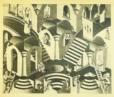 M. C. ESCHER | CONVEX AND CONCAVE, 1970 Lithograph by Van Dooren, NV Vlaardingen: Vintage lithograph of a M. C. Escher masterpiece Convex and Concave that was produced in Holland in 1970 by Van Dooren B. V. Vlaardingen. Copyright 1970. This piece is among Escher's most famous --