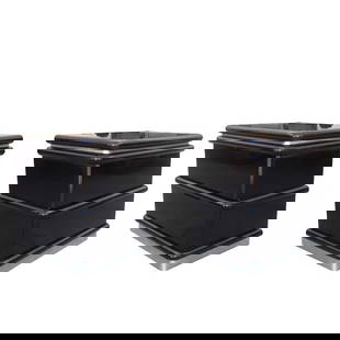 Jay Spectre Nightstands in Black Lacquer & Metal Plinth: Pair of nightstands designed by Jay Spectre and manufactured by Century furniture. The pieces are made in solid wood with an aluminum plinth. Each nightstand has 2 drawers. Measurements: 24 inches wid
