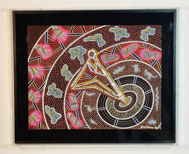 Aboriginal Painting by James P. Simon (Australia): Vintage aboriginal painting by aboriginal painter James P. Simon.The piece is full of color and movement.Signed by the artist.Measurements:34.50 inches wide x 28.50 inches high x 3 inches deep.James P