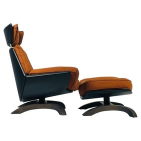 Leather & Wood Lounge Chair & Ottoman made in Italy by Giorgio Saporiti, Labeled