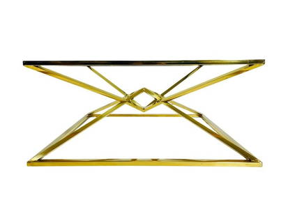 Geometric Style Coffee Table in Brass & Glass: Stunning Coffee table in geometric style having a brass base and a glass top.The piece has beautiful architectural lines and a glass top.Measurements:39.25 inches wide x 39.25 inches deep x 17.75 inch