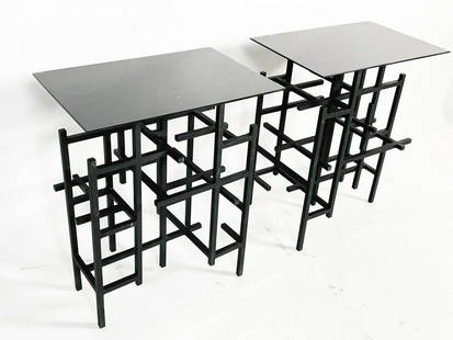 Pair of Steel & Glass End Tables or Console Table: Beautiful pair of steel and glass end/side tables that can also be used as a console table if used together. The tables have beautiful lines, the bases have an aged finish and look great. Measurements