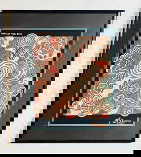 Australian Aboriginal Art Titled "Path of the Emu" Churinga Australia: Unique aboriginal art from Australia.&lt;br&gt;The piece is done in fabric and it comes framed. &lt;br&gt;&lt;br&gt; Measurements:&lt;br&gt;25 inches high x 22 inches wide x 1 inch deep/ projection fr