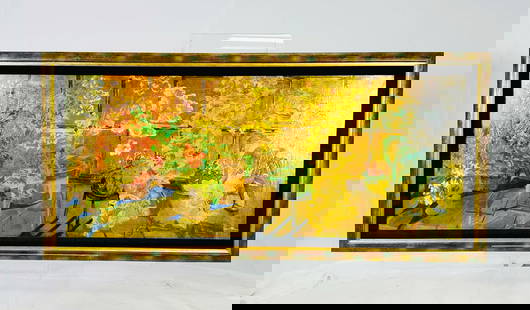 Original Painting by Mary Turnbull Titled "Morning Sun" Signed & Titled: Stunning and beautiful oil painting over 22k Gold Leaf on Masonite by Los Angeles native, Mary Turnbull. The piece depicts a garden with lots of colorful flowers and peaceful trees. The piece is