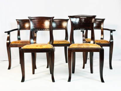 Set of Five Antique Chairs With Leather Seats, Circa 1900s: Set of five antique chairs with solid mahogany wood frames and leather upholstery.Unmarked.Measurements:Armchairs: 36.25 inches high x 23 inches wide x 20.50 inches deep x 19 inches seat height x 27.5