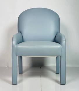 Post Modern Arm Chair in the Style of Pace Collection, Leather Upholstery: Post Modern arm chair upholstered in light blue leather in the style of Pace Collection. Measurements: 38.75 inches high x 24.75 inches wide x 27 inches deep x 19.25 inches seat height x 23 inches