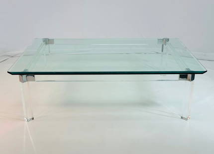 Lucite & Polished Nickel Coffee Table by Charles Hollis Jones, Metric Collection, Signed: Vintage coffee table in polished nickel and Lucite designed and manufactured in the USA by Charles Hollis Jones (American 1945-).The table is part of the Metric Collection which was created as a respo