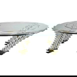 Vintage Lucite & Brass Coffee Table in the Style of Charles Hollis Jones: Vintage coffee table executed in Lucite, brass and glass in the style of Charles Hollis Jones.The base has a splayed tusk shaped legs with brass detail running up the legs and solid brass rounded caps