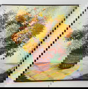 Floral Arrangement- Acrylic Painting by Rhea Wenke (Belarus 1922- California 2018): Still life painting depicting a floral arrangement, acrylic on canvas by Los Angeles native Rhea Wenke. The piece is signed by the artist. Measurements: 30.75 inches square x 1.50 inches