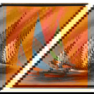Oil Painting of Sailboats, Late 20th Century, Signed: Artist unknown Untitled (sailboats), late 20th century Oil painting on canvas Signed illegibly to lower right Item not examined outside of mounting Measurements: 25.25 inches wide x 25.25 inches