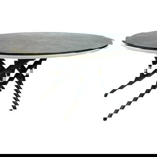 Sculptural Dining Table in Gray Oak Wood, Seats 6: Sculptural dining table with gray oak veneer. The table has a beautiful sculptural base, the large round tap has a beautiful sunburst design showing a stunning wood grain. The piece can easily seat si