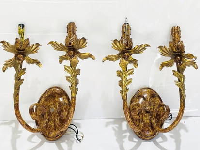 Pair of Italian Style Tole Sconces: Beautiful pair of wall sconces in the Italian tole style Measurements:13 inches high x 11.25 inches wide x 7.50 inches projection from the wall. labeled E186632 MADE IN 03/2002 All items are sold as i