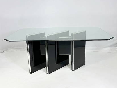 Vintage Lucite Dining Table With Glass Top: Vintage dining table base with black and clear Lucite base. The piece has beautiful sculptural lines, it can fit a larger glass top. Glass not included. Measurements: 66 inches wide x 42 inches deep x