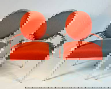 Modern Armchairs With Silver Leaf Frames & Red Upholstery.: Pair of Modern style arm chairs with silver leaf frames and upholstered in a red fabric.The chairs can be used as side chairs or dining chairs.The chairs where either made or reupholstered by Interior