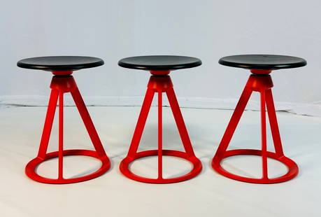Set of 3 Piton Stools by Edward Barber & Jay Osgerby for Knoll, Signed: Set of three Piton stools designed by Edward Barber and Osgerby in 2013 and manufactured by Knoll.The stools are made in die cast steel with a wooden swivel seat.All of the three pieces are signed.Mea
