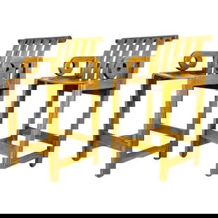 Pair of Apertura Barstools In Solid Teak by Kipp Stewart for Summit Furniture: An early and rare pair of Aperture barstools in teak by Monterey, California, designer, architect, and artist Kipp Stewart for Summit Furniture. Impressively handcrafted of very substantial