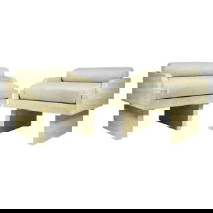 Pair of Travertine Arm Chairs Attb to Stephane Parmentier: Stunning pair of armchairs designed and manufactured in France.Made in solid travertine, beautiful architectural lines and upholstered in an off white fabric.The chairs are attributed to Stephane Parm