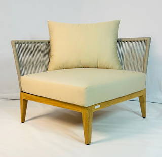 Avalon Lounge Corner Chair in Natural Teak Wood by Harbour: Avalon Lounge Corner Chair designed and manufactured by Harbour.The lounge chair is made out of solid Indonesian teak wood and comes with matching cushions.The lounge chair has a light grey outdoor ro