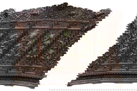Antique Chinese Relief/Carved Screen in Solid Wood  & Jade, 135w x 105h: Antique Chinese screen having 5 heavily carved panels depicting mythical creatures like Dragons.Some of the dragons are made out of carved jade imbedded into the wood creating a beautiful contrast in