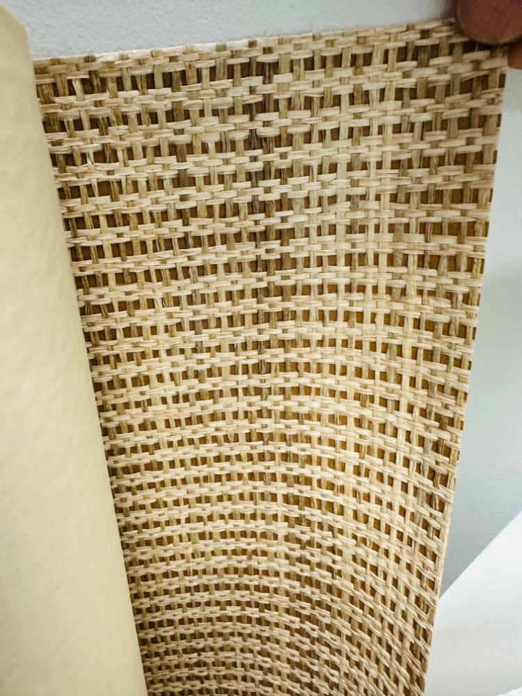 Set of 4 Rolls of Raffia Wall Covering by Gregorius Pineo for Kneedler-Fauchere, PW-28: Set of 4 rolls raffia wall covering/wall paper designed by Gregorius Pineo and manufactured in Japan by Kneedler-Fauchere.basket-weave deign item # PW-28 Run #2529. All of the rolls are unused in orig