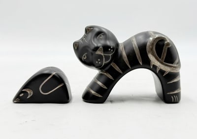 Porcelain & Pure Silver Cat & Mouse Shakers by Emilia Castillo