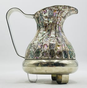 1960s Mexican Alpaca Silver & Abalone Inlay Water Pitcher, Hecho en Mexico