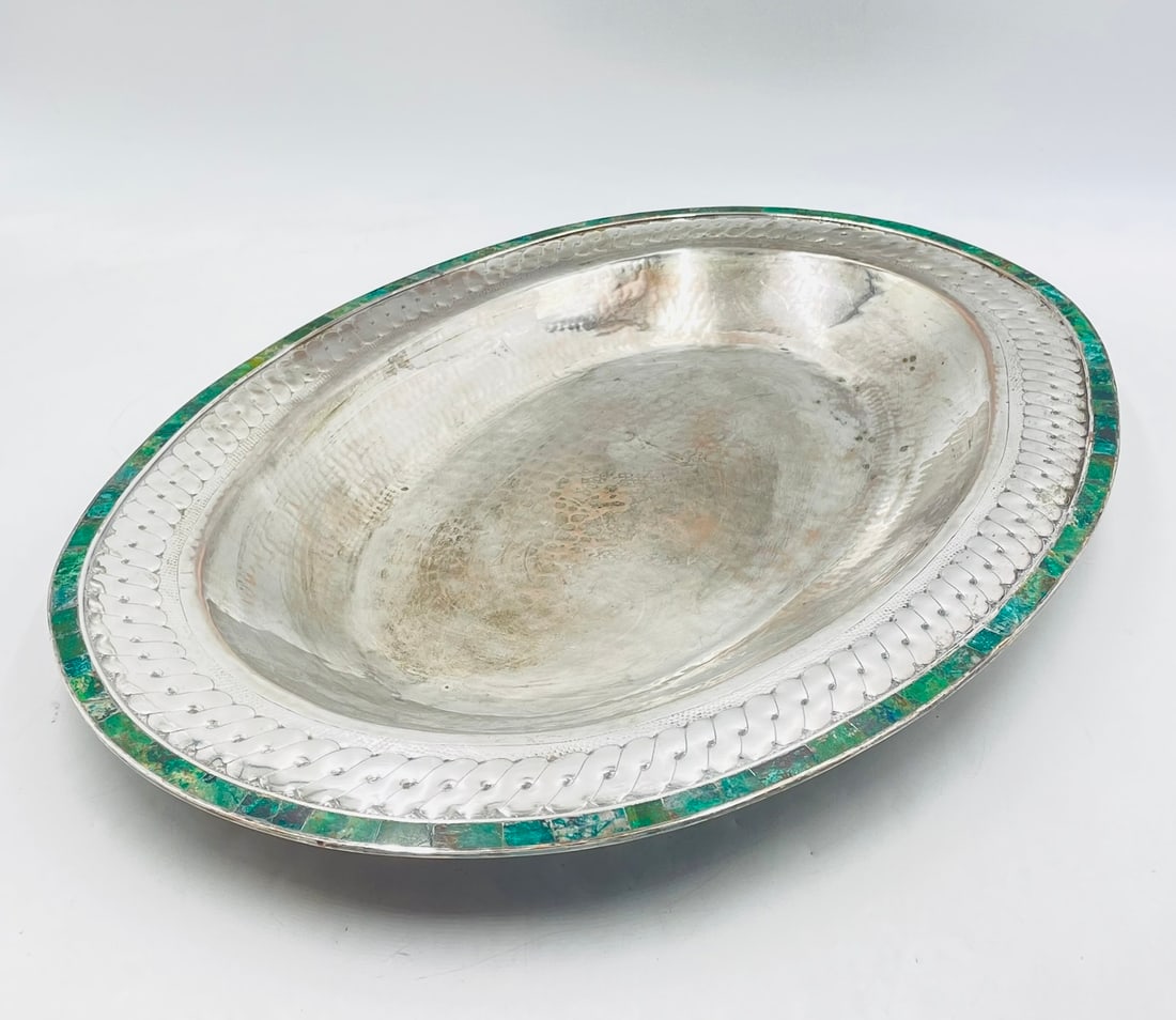 Massive Emilia Castillo Silverplate & Malachite Serving Bowl, Hand Signed: Exceptional extra-large silver-plated serving bowl with malachite inlay, designed and handcrafted in Taxco, Mexico by acclaimed artist Emilia Castillo. This substantial and visually striking piece fea