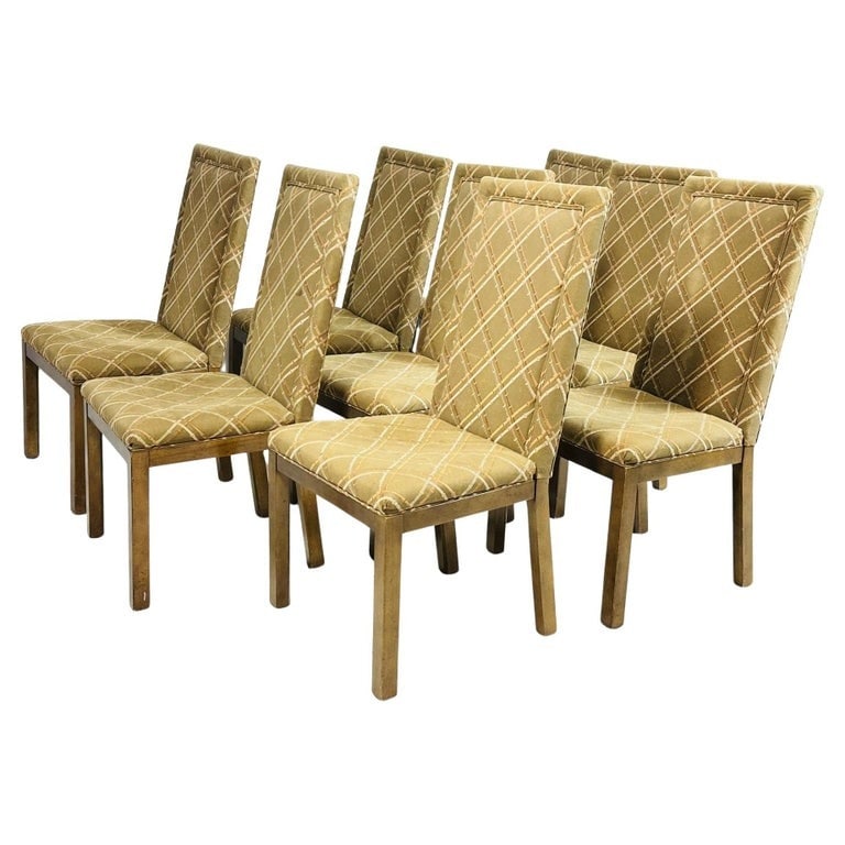 Set of 8 Dining Chairs by Michael Taylor for Baker, Far East Collection, USA 1950's: Set of 8 dining chairs designed in the 1950's by Michael Taylor for Baker furniture and part of the Far East Collection. The chairs have wooden legs and they all retain the original fabric and labels.