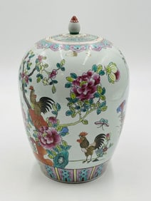 Famille Rose Chinoiserie Pink Ginger Jar Vase Urn