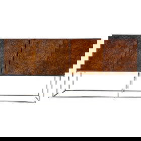 Burlwood & Chrome Sideboard by Milo Baughman for Thayer Coggin: Milo Baughman for Thayer Coggin Burl Wood Sideboard, the rectangular top with burl wood veneer and four hinged panel doors opening to a fitted interior, raised on a squared chrome base. Dimensions: 34