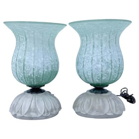 Murano Glass Table Lamps w/ Hand Carved Alabaster Bases