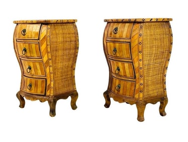 A Pair of Anglo-Indian Style Rattan & Wood Inlay Nightstands