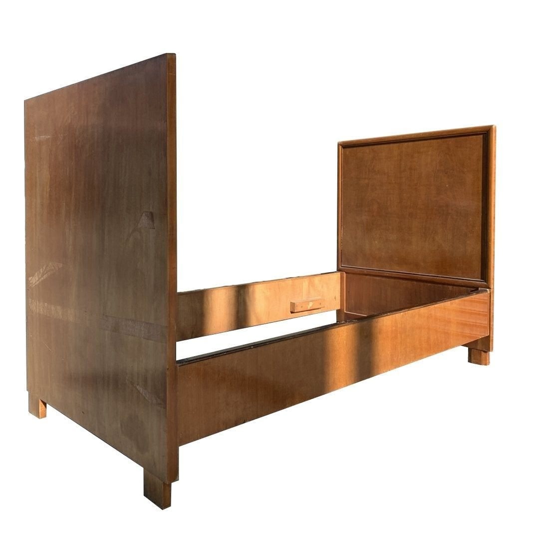 German Twin Bed in the style of Edward Wormley: Vintage twin bed frame in the style of Edward Wormley for Dunbar but made in Germany, partial paper label attached but cannot make up the name. The bed is made in solid wood, tall headboard and foot