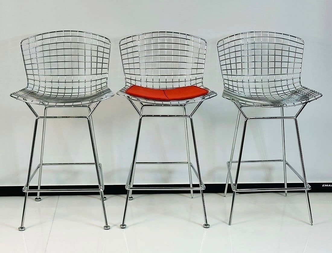 Set of Three Harry Bertoia Wire Counter Stools for Knoll, Signed (1 of 9)