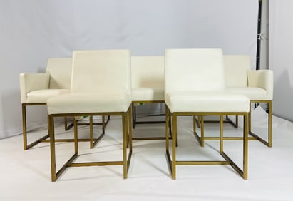 Set of 8 Dining Chairs by Restoration Hardware, Leather Upholstery & Brass Tone Frames