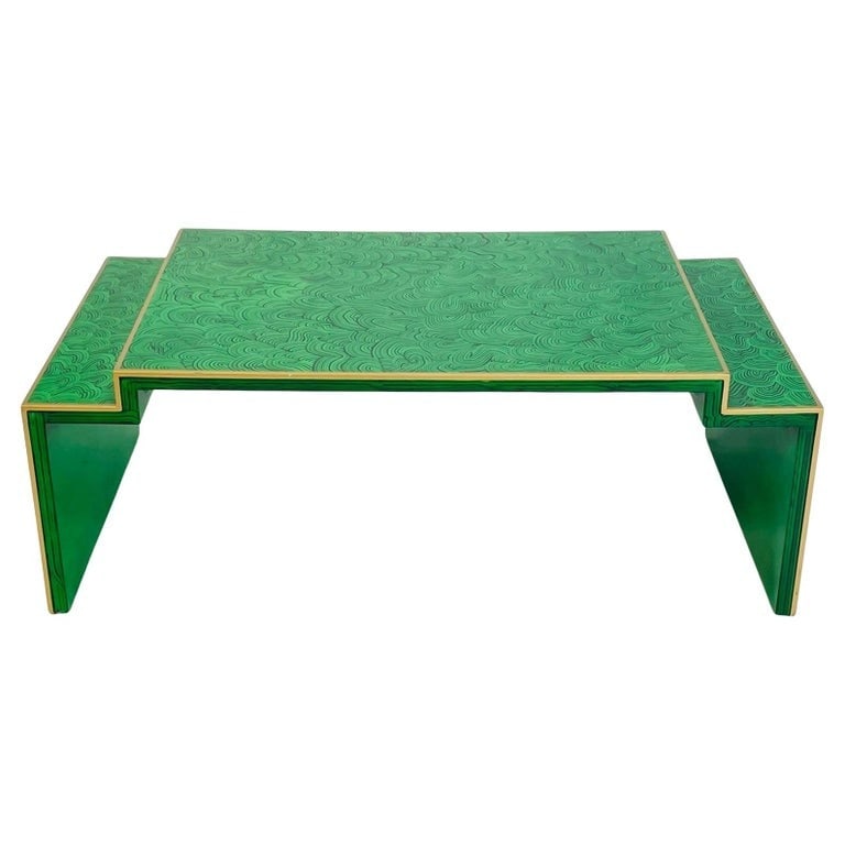 Late 20th Century Vintage Regency Faux Malachite Stepped Coffee Table: Introduce a touch of regal sophistication to your living space with this Vintage Regency Faux Malachite Stepped Coffee Table. Crafted with American finesse, this table boasts faux malachite detailing